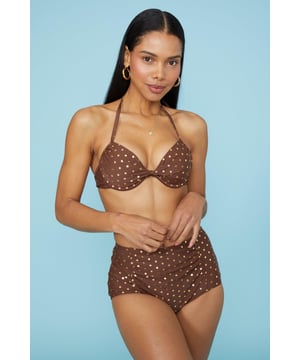 Designed to provide both style and support, this underwired bikini top is perfect for those who want to make a statement at the beach or pool. With its eye-catching foil spot print, this bikini top is sure to turn heads and make you feel fabulous all summer long.