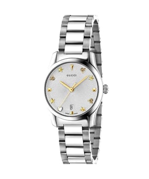 BRAND GUCCIWATER RESISTANT 50 MetresGender WomenMOVEMENT QuartzCASE MATERIAL Stainless SteelDIAL COLOUR SilverSTRAP MATERIAL Stainless SteelDIAMETER 27mm
