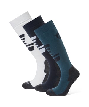 Our Bergenz Ski Socks are designed to be the perfect ski sock for anybody, no matter their level of ski expertise. Made from an ultra comfy merino blend, these socks have comfort at their core. Key sections of the sock are cushioned to prevent blistering and discomfort on the skin, keeping the cushioning focussed on key, high-contact, parts of the foot and shin stops these socks being too heavy and cumbersome, ensuring great flexibility on the slopes. Re-inforced heel and toe areas offer additional protection and non-slip cuff grips keep your socks where you need them to be. These 3 Packs give you 3 pairs of socks in a range of colours, so you can look as good as you feel.