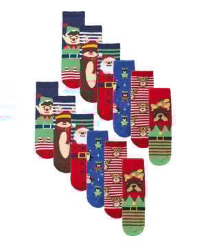 It's that time of year again, the most wonderful time of the year and if you're looking for a great stocking stuffer or Christmas gift idea for your little ones, look no further than these 12 Pair Value Pack Festive Christmas Socks. These socks are made from cotton rich fibres, so they'll be soft and comfortable to wear even during the colder days. They come in a 12 pair pack which is great value for money for stocking up that sock drawer in time for the Xmas period. With 3 festive designs which include: Xmas Dogs, Penguins and Rudolph, they’ll be sure to have plenty of choice for their feet all Christmas! Get your kids (or even someone else's as a gift) to step up their game. These Christmas Socks are the ideal Xmas gift or even stocking filler for the festive season. They’ll be sure to love them brightening up their feet. We all love a little bit of Festive cheer at Christmas time, and these Kids Festive Christmas Socks are the perfect way to add some fun & colour to the wardrobe. Whether you are looking for Xmas socks for your children or for a family or friends' children, you’ll be satisfied. These socks come in packs of 12 with many festive patterns per pack. They’re made from 78% Cotton, 20% Polyester, 2% Elastane, are available in 3 Kids Sizes: 2-3 Years, 4-6 Years and 7-10 Years, they are machine washable..