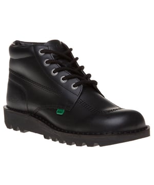 The Original Kick Hi Mens Boot From Kickers Is Ideal For Back To School And Comes In This All Black Leather Upper And Has A Chunky Sole, Metal Lace Eyelets With Thick Laces, Tonal Stitch Detail Throughout Plus A Leather Floret Attached To The Laces And The Iconic Small Kickers Logo On The Side.
