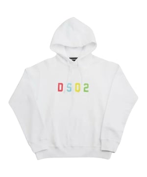 Dsquared2 Mehrfarbiger weißer Kapuzenpullover mit DSQ2-Logo. D2 Weißer Kapuzenpullover. 100 % Baumwolle, hergestellt in Italien. Logo auf der Brust, Kapuze, lange Ärmel, Gummizug am Hals, an den Ärmelenden und am Saum. Normale Passform, fällt der Größe entsprechend aus. S74GU0729 S25516 100W