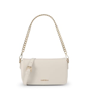 The Carvela Como Chain Shoulder bag features a bone exterior with pebble grain texture. There is gold tone hardware across the bag and branding on the front. Dimensions: 13cm (H), 21cm (L), 6cm (D). Strap length: 124cm.
