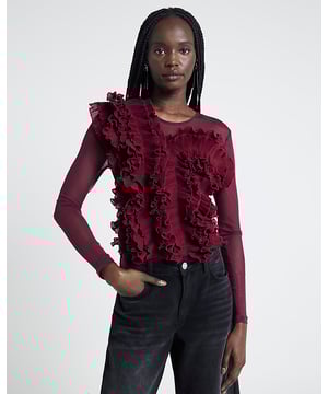 Mesh fabric, Frill detail on body, Crew neckline, Long sleeve