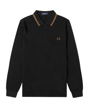 Fred Perry Black Polo Shirt, Pattern On Collar, Button Closure At The Neck. 100% Cotton, Long Sleeve, Black Polo
