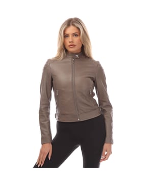 Womens Belstaff Mollison Jacket in driftwood.- High collar with two-position snap stud throat latch.- Zip fastening.- Two side zipped pockets.- Moto-inspired quilting on shoulders.- Zip detailing on cuffs.- Soft nappa leather with natural hand feel.- 100% Lamb Leather.  Lining: 62% Acetate  38% Polybutylene.  Clean in professional leather care centre.- Ref: 101724DRTWD