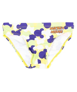 Bañador Slip niño de Mickey Mouse.
Cinturilla elástica.
Estampado del nombre Mickey en el lateral frontal.
Estampado de Mickey Mouse en la parte trasera.
 Composición: 85% Poliamida, 15% Elastano
 Cuidados:
Acepta la lavadora sin superar la temperatura de 30º.
No resiste la lejía ni ningún otro clorato.
No resiste la plancha.
No resiste el lavado en seco.
No resiste la secadora.