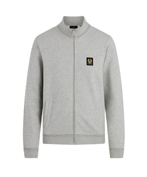 Grauer Pullover mit Belstaff-Markenlogo, 100 % Baumwolle, Reissverschluss, Markenlogo, hergestellt in der Turkei, Gummizug an Hals, armelenden und Saum