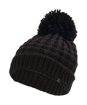 Acrylic knit. Fleece lining. Bobble detail. Exterior rib roll cuff.