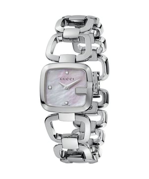 Strap Material Silver Strap Colour Silver Dial Pattern Mother of Pearl Indices Diamond Markers Year Manufactured 2020-Now Dial Colour Mother of pearl Customised No Band/Strap Bracelet Vintage No Department Unisex Adult, Women Case Colour Silver Lug Width 14 mm Bezel Type Fixed Watch Shape Round Style Dress/Formal Features 12-Hour Dial Case Size 24 mm Case Material Stainless Steel Bezel Colour Silver Movement Quartz (Battery) Water Resistance 30 m (3 ATM) Seller Warranty Yes With Papers Yes Reference Number YA125502 Brand Gucci Type Wristwatch Model Gucci G Collection Theme Awareness With Original Box/Packaging Yes Case Finish Polished Country/Region of Manufacture Switzerland Display Analogue EAN 731903327306