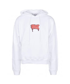 Witte hoodie met gebroken wit graffiti-verflogo. Witte hoodie met gebroken wit graffiti-verflogo. Gebroken wit logo middenborst en rugschouders. 100% katoen, gemaakt in Portugal. Verstelbare capuchon met trekkoord, grote kangoeroezak aan de voorkant. OMBB037R21FLE0060125