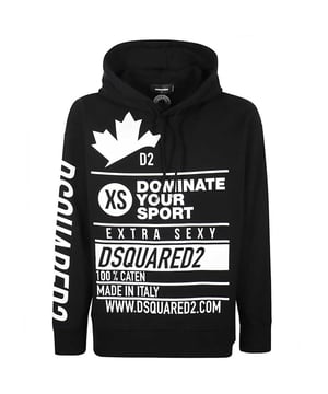 Dsquared2 Dominate Your Sport Oversized zwarte hoodie. Dsquared2 S74GU0489 S25030 900 Hoodie. Slouch Fit-stijl, oversized pasvorm, maat kleiner voor een meer normale pasvorm. 100% katoen, gemaakt in Italië. Grote branding over de borst. Elastische mouwuiteinden en tailleband