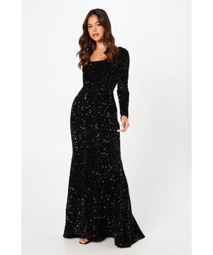 Square Neck Velvet Sequin Long Sleeve Gown