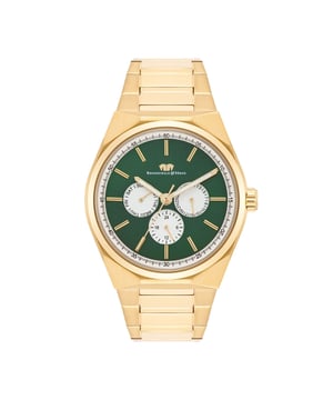 GENERAL INFORMATION:  • Targetgroup: Male  • Wristwatch: Multifunction(s)  • Display: analogue  • Weight of watch w/o box (gr.) - approx.: 133,0  • model series: Cooledge  MOVEMENT:  • Movement: Quartz  • Term of Movement: VX3JE  • Origin of movement: Japan  BRACELET:  • Material of bracelet/strap: Stainless steel  • Plating of bracelet/strap: Ion-Plating (IP)  • Finishing of bracelet/strap: Polished/brushed  • Finishing/Decoration of bracelet/strap: None  • Clasp/Closure/Buckle: Security-folding clasp  • Color of bracelet/strap: Yellowgold  • Length of bracelet/strap (mm) approx.: 225,0  • Width of bracelet/strap (mm) approx.: 24,1  • Style/Design of bracelet/strap: Link bracelet  • Bracelet/strap adjustable?: Yes  CASE:  • Shape of case: Round  • Size/Diameter of case in mm . approx.: 42  • Height of case in mm: 9,6  • Case material: Stainless steel  • Surface of case: Polished/brushed  • Bezel/Topring: Fixed  • Finishing/Decoration of case: None  • Material of case back: Stainless steel  • Lock of case back: Pressed  • Color of case: Yellowgold  • Coating/Plating (Case): Ion-Plating (IP)  • Type/Form of crystal: Flat  • Material of crystal: Mineral crystal  • Water resistant (ATM): 5  DIAL:  • Size jewelry care cloth: Date/Weekday/24 Hours  • Indices: Line indices  • Material of dial: Brass  • Structure/pattern of dial: Multi-layer  • Color of dial: Green  PUSHER, CROWN, HAND:  • Pusher: No screwed-in crown  • Corrector: No  • Crown: No screwed-in crown  • Type of hands: Pole hand  • Luminescent (hands): Yes  PACKAGING & SCOPE OF DELIVERY:  • Box: Yes  • Service booklet: Yes  • Manual: Yes