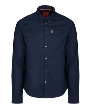 This classic LUKE long sleeved shirt is an essential item for your wardrobe, classically styled with a buttoned-down collar and a simple chest patch pocket. It is detailed with imitation river shell plastic buttons on the central front placket, running from hem to collar and is completed with the brand's iconic lion head embroidery on the left chest. Tailored fit. Iconic LUKE BLACK, GOLD, RED lion head embroidery. Iconic LUKE tri-colour trim tape. Left chest pocket detail-Imitation river shell plastic buttons. Central front placket. Button down collar detail at front and central at back. Back yoke detail and external back box pleat. Long sleeve with buttoned cuff.