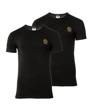 Zwei hochwertige Herren Unterhemden der Marke VERSACE. Elastische Baumwoll-Jersey Qualität, mit goldenem VERSACE-Logo-/Medusa-Print.