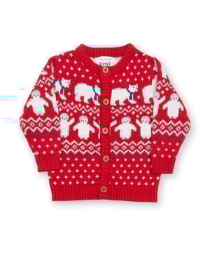 A simply gorgeous knitted layer that offers both comfort and style and is the perfect winter cardigan for your little one. In a midweight knit with a beautiful red and cream polar pals design, this fab layer with coconut buttons is so snug and versatile it will be worn again and again.