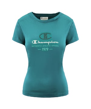 Champion Graphic Short Sleeve Crew Neck Womens Aqua Cotton T-Shirt 106183 3554