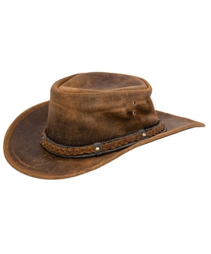 Sombrero vaquero clásico de cuero auténtico. La copa está adornada con una banda trenzada. Resistente, pero elegante, ligero y de una calidad increíble.