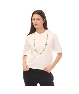 Womens Ambush Stoppers T-Shirt in cloud dancer.- Ribbed crew neck.- Short sleeves.- Detachable cord necklace with stopper detailing.- Embroidered logo at left chest.- Fabric: 100% Cotton.  Rib: 100% Cotton.  Details: 100% Polyester.  Machine washable.- Ref: BWAA0310010202