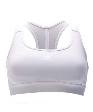 Womens adidas Powerreact Training Medium Support 3-Stripes Bra in silver.- Scoop neck.- X-back.- Power-mesh back panel.- Removable padding.- Elastic hem.- Moisture-absorbing AEROREADY.- Tight fit.- 89% Polyester (Recycled)  11% Elastane.- Ref: HS2958