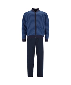 Homewear-Anzug von der Marke hajo. Gestreifte Zipper-Jacke und einfarbige Hose. Interlock aus weichem Baumwoll-Mix - bügelfrei, atmungsaktiv, hautsympathisch.