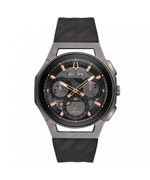 This Bulova Curv Chronograph Watch for Men is the perfect timepiece to wear or to gift. It's Grey 43 mm Round case combined with the comfortable Black Rubber watch band will ensure you enjoy this stunning timepiece without any compromise. Operated by a high quality Quartz movement and water resistant to 3 bars, your watch will keep ticking. This watch features high-performance quartz technology with 262 kHz vibrational frequency for precise accuracy. It also has the following functions: Stop Watch, Luminous Hands High quality 21 cm length, 20 mm wide Black Rubber strap with a Deployment clasp Case diameter: 43 mm, Case height: 11 mm and Case color: Grey/Dial color: Grey