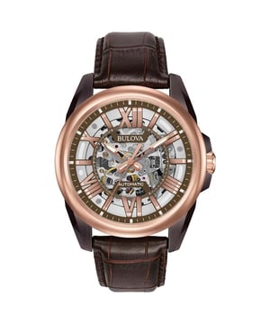 This Bulova Automatic Analogue Watch for Men is the perfect timepiece to wear or to gift. It's Multicolour 43 mm Round case combined with the comfortable Brown Leather watch band will ensure you enjoy this stunning timepiece without any compromise. Operated by a high quality Automatic movement and water resistant to 10 bars, your watch will keep ticking. Get all the comfort with this fashionable croco-embossed leather band, perfect for every occasion High quality 21 cm length, 20 mm wide Brown Leather strap with a Buckle Case diameter: 43 mm, Case height: 12 mm and Case color: Multicolour/Dial color: Multicolour