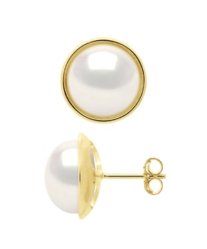 Ohrringe – Sleek-Stil – PRESTIGE – Gelbgold – echte Süßwasser-Zuchtperlen, Knopf 10–11 mm – Farbe Naturweiß – Schmetterlingsverschluss – Lieferung mit Echtheitszertifikat und internationaler Garantie –