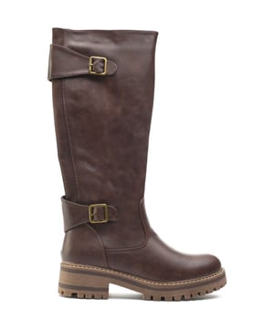 Bruine Lotus jackal boots voor dames, gemaakt van synthetisch materiaal en een rubberen zool. Met: dubbele gespen, elastische achterinzet, rits aan de binnenkant, fleecevoering en profielzool.