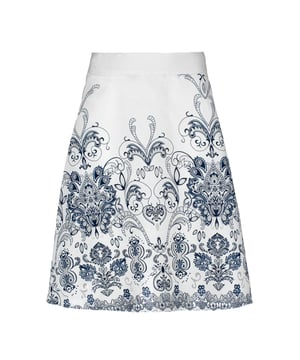 Esta falda cloche de diseño estilo paisley está confeccionada en una mezcla de viscosa tejido. Tiene una cinturilla de 5 cm en el mismo material. La falda se cierra en la parte posterior con un zip de plástico oculto. Hay 2 bolsillos ribeteados a los lados que se cierran con un zip oculto. Esta falda está completamente forrada en tela ecru y es de largo hasta la rodilla. Perfecta para el trabajo o para usar a diario. Combínala con una blusa ajustada y unos mules para un acabado chic.