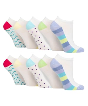 Cool in looks but also incredibly comfortable to wear, each pair of these Wildfeet Patterned Bamboo Trainer Socks showcases a unique and cheerful pattern, adding a playful touch of colour to your casual shoes and trainers. Embrace your individuality and make a fashion statement with Wildfeet.Crafted from a premium blend of super-soft bamboo fibres. Experience the gentle touch of bamboo against your skin, as these socks are designed to be non-irritating and suitable for all skin types.Not only do these socks provide exceptional comfort, but they also boast excellent breathability, keeping your feet cool and dry throughout the day. Bamboo also has superior moisture absorbency, natural thermoregulation and antibacterial properties, keeping feet fresher for longer.Designed with reinforced heels and toes, these socks are built to withstand the rigours of daily wear and provide long-lasting comfort. Not only are they built to last, but they also add a touch of fun with their vibrant and playful patterns on the bottom of the foot.Wild Feet is a range of socks featuring cool designs, bold colours and quirky catchphrases - from pugs and penguins, to lions and llamas! Choose from a range of styles for men and ladies, from dress to trainer socks. There are even some sporty styles available!These socks come in a 10 pair value pack and are available in Black or White. They come in one size: Ladies 4-8 UK, are made from 67% Viscose (from Bamboo), 31% Polyester, 2% Elastane and are machine washable.