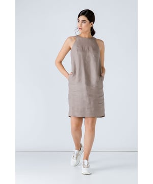 Summer sack dress in taupe woven linen fabric. Round neckline and sleeveless. Darts at the chest and 2 side pockets. Concealed zip fastening in the back, tone on tone. Our model is 172cm and is wearing size 36/S. Measurements for size 36 (in cm): Shoulder -28; Chest-45; Waist-50; Bottom-52; Body length-95. Loose fit.  100%Linen