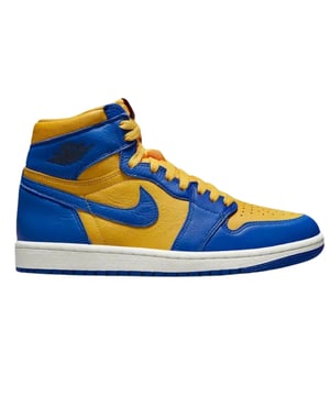 Retro High Tops, Blue Shoes, Nike Blue High Tops, 100% Leather, Air Jordans, Lace Fasten, High Tops, Branded Badge On Side And Front Of Shoe, Colour Block, Yellow/White/Blue