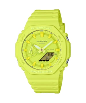 This Casio G-shock Analogue-Digital Watch for Unisex is the perfect timepiece to wear or to gift. It's Yellow 45 mm Round case combined with the comfortable Yellow Plastic watch band will ensure you enjoy this stunning timepiece without any compromise. Operated by a high quality Quartz movement and water resistant to 20 bars, your watch will keep ticking. Sporty and elegant watch suitable for all occasions. This Analogue-Digital watch has a calendar function: Day-Date , Stop Watch , Countdown , Worldtime , Alarm and Light This high quality watch is an incredible eye-catching Women watch The Analogue watch has a Swiss Made movement Case diameter: 45 mm,case thickness: 11 mm, case colour: Yellow and dial colour: Yellow