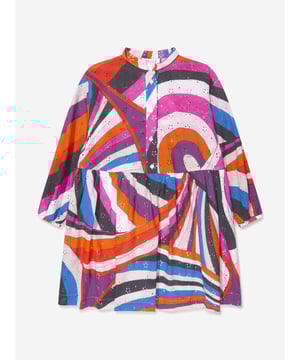 Introducing the latest addition to our kids' fashion collection: the Emilio Pucci Girls Iride Woven Dress! Key features include: Vibrant Multicolour: This dress features an array of bold, vibrant colours which would make your little one stand out, be it at a birthday party, family gathering or simply a fun day at park. Designer Quality: Crafted with precision by Emilio Pucci, the dress reflects a high-end fashion sensibility suitable for stylish kids. Ultimate Comfort: Made with a blend of premium materials, the dress is soft, breathable and perfect for all-day wear.Revamp your girls' style with this vibrant, stylish and comfy dress! Order now.