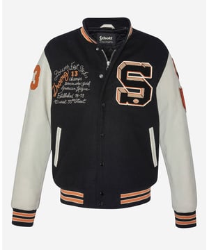 Diese kultige College-Jacke ist ein Must-Have aus der Schott NYC®-Kollektion. Der Körper besteht aus 100 % Wolle, die Ärmel sind aus 100 % Leder.