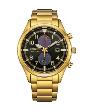 Diese Citizen  Chronograph Uhr für  Herren ist das perfekte Accessoire zum tragen oder verschenken. Ihr Gold 43 mm Rund Gehäuse kombiniert mit dem bequemen Gold Armband aus  Edelstahl garantiert, dass Sie diese atemberaubende Uhr kompromisslos genießen werden. Angetrieben von einem hochwertigen Eco-Drive Uhrwerk und wasserdicht bis 10 bars, läuft Ihre Uhr stets weiter. Diese sportliche und trendige Uhr ist ein perfektes Geschenk für Neujahr, Geburtstag, Valentinstag und so weiter. -Diese Chronograph Uhr verfügt über eine Kalenderfunktion: Datum, Solar, Stoppuhr, Leuchtzeiger und Leuchtziffern Diese hochwertige Uhr hat ein Gold Edelstahl Band ( 21 cm Länge und 21 mm Breite) mit einer Faltschließe mit Druckverschluss Gehäusedurchmesser: 43 mm,Gehäuse Höhe: 11 mm, Gehäusefarbe: Gold, Zifferblattfarbe: Schwarz