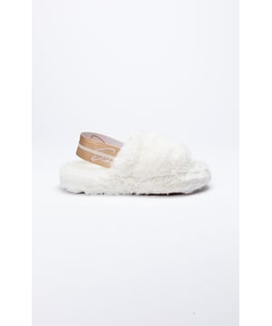 inchWhite Fluffy Slide SlipperSoft faux fur textile upperElastic fitted heel strapMemory foam top layerUltra soft EVA midsoleRubber sole inch