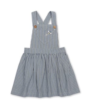 100% organic cotton | Proud to be certified to the Global Organic Textile Standard (GOTS) | Navy blue and cream ticking stripe | Bumble bee embroidery | Adjustable straps with coconut buttons | Front bib pocket | Elasticated waistband | Made in India | Machine washable at 40 degrees, or at 30 degrees to be kinder to the planet