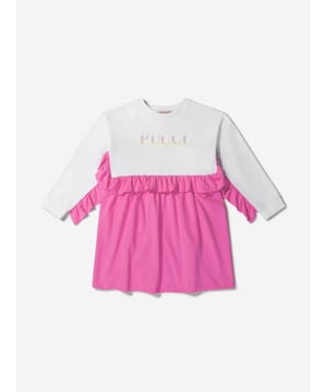 Perfect for playtime and beyond, this girls' dress from luxury label Emilio Pucci is the perfect addition to mini wardrobes this season. In a soft jersey with a round neckline and long sleeves, the pink skirt is paired with a frill detail and iconic 'Pucci' logo detail.