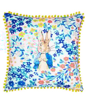 Create a secret garden wonderland with the Peter Rabbit™ Florelli cushion. The front features Peter in his trademark blue jacket, amongst an abundance of bright ditsy blooms. Finished with a bold yellow pom-pom trim and plain cotton reverse, this cushion is bound to stand out in any room. Match with the Peter Rabbit™ Florelli duvet cover set to instantly transform your room!