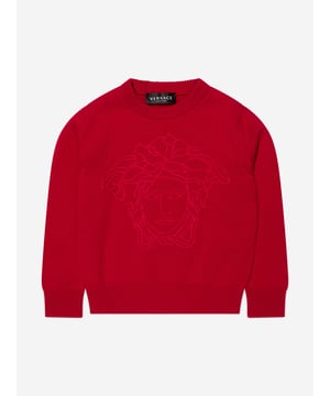 Luxury Italian label Versace use captivating Greek abstracts to create fun and playful aesthetics. This boys red sweatshirt embodies the Italian label's vibrant craftsmanship and innovative outlook. Made in refined material, this long-sleeved soft knit jumper has been depicted with a Medusa embroidery at the front, a ribbed crewneck, hem and cuffs. A mythological statement both captivating and unique, he will be obsessed.  Medusa Kids Embroidery Crewneck Elasticated Hem and Cuffs Outer Composition: 100% Pure Virgin Wool Embroidery: 100% Viscose Do Not Wash Do Not Bleach Do Not Tumble Dry Cool Iron Dry CleanVersace Size : Child's Height4Y: 41" / 104 cm 5Y: 43.5" / 110 cm 6Y: 45.5" / 116 cm 8Y: 50.5" / 128 cm 10Y: 55" / 140 cm 12Y: 60" / 152 cm 14Y: 64.5" / 164 cm
