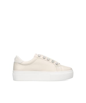 The Liviah sneaker from Kurt Geiger is crafted from a bone leather with a contrasting white sole. The eyestay is adorned with floral shaped silver crystals. Sole height: 4cm.