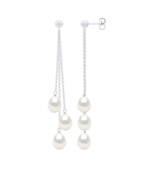 Earrings Trio - 3 Real Cultured Freshwater Pearls Pear 7-8 mm - COLOR NATURAL PEARL WHITE - Butterfly Clasp and Chainlets White Gold - Delivered with Certificate of Authenticity and International Guarantee - MADE IN FRANCE