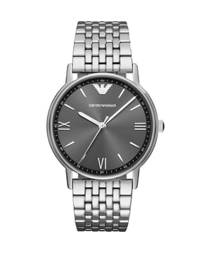 This Mens Emporio Armani watch is made from stainless steel and is powered by a quartz movement, it is fitted with a silver stainless steell strap and has a grey dial with silver hands and baton markers, water Resistant to 50m, scratch resistant mineral glass.