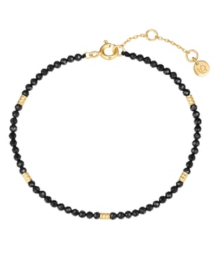 Do you have a passion for contemporary gemstone jewelry and are you looking for a pretty talisman? Then this bracelet from the Glanzstücken München label is a good choice. A strand of natural stone beads made of faceted spinel nestles on your wrist and enchants with the mysterious mysticism of the dark gemstone. Metal beads made of yellow gold-plated sterling silver add glamorous accents. The spinel not only looks exclusive, but is also considered a strengthening encouragement that helps you achieve your life goals. Thanks to the extension chain with spring ring clasp, you can quickly and easily adjust the length of the bracelet.
