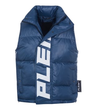 100% poliéster; chaleco Philipp Plein; Modelo: FAAC MRC0160 PNY002N 14; Mano de obra de alta calidad; ajuste regular; cuello alto; Cremallera con tapeta con cierre de presión oculto; Dos bolsillos ribeteados con cierres a presión; cordón en el dobladillo inferior; Alimentado; Detalles del logotipo de Philipp Plein