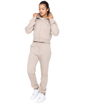 Enzo Womens Cropped Hoodie Tracksuit. Zip up sweatshirt with hood and sweatpants joggers set. Cropped hoodie and regular fit joggers with Cuffed design. Brushed back inner fleece. Cropped fit for casual wear. Essential loungewear tracksuit.