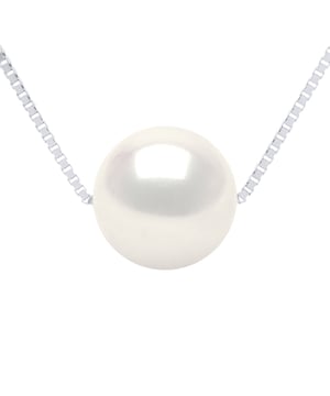 Halskette aus echten Süßwasser-Zuchtperlen, rund, rund, 9–10 mm – Farbe Naturperle weiß – durchgehend – Kette Venezian aus Weißgold 375 – Länge 42 cm – Lieferung mit Echtheitszertifikat und internationaler Garantie – HERGESTELLT IN FRANKREICH –